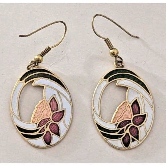 The Unbranded Brand Jewelry - CLOISONNE FLORAL PINK FLOWER OVAL DROP EARRINGS MULTICOLOR ENAMEL VINTAGE HTF